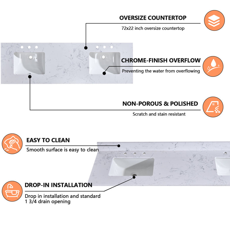 72'' Quartz Stone Double Bathroom Vanity Top with Sink – For Vanity Replacement, No Cabinet