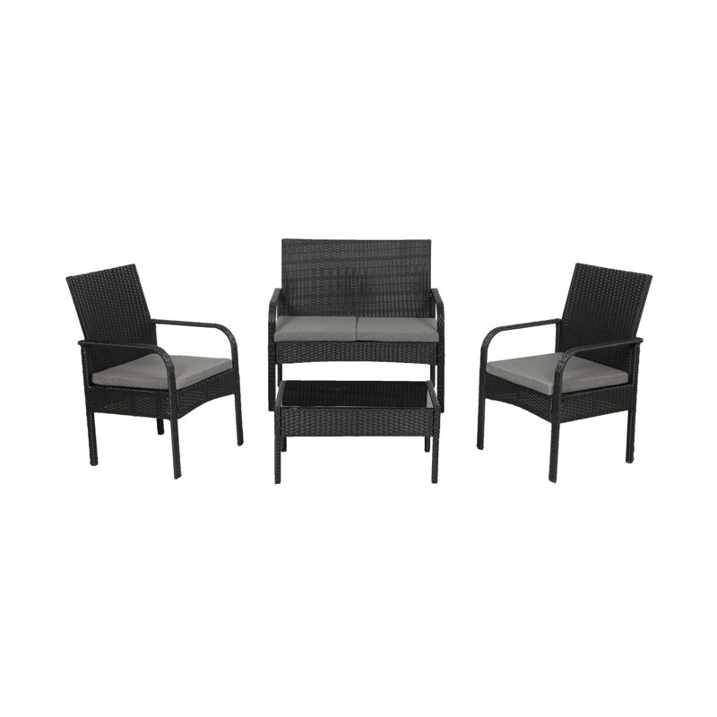 Ensemble de conversation avec canapé en rotin 4 pièces Averion, Noir / Gris