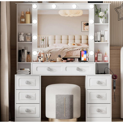 Vanity Desk Dresser with Lighted Mirror - Stylish Design, Charging Function, Ideal for Bedroom Decor