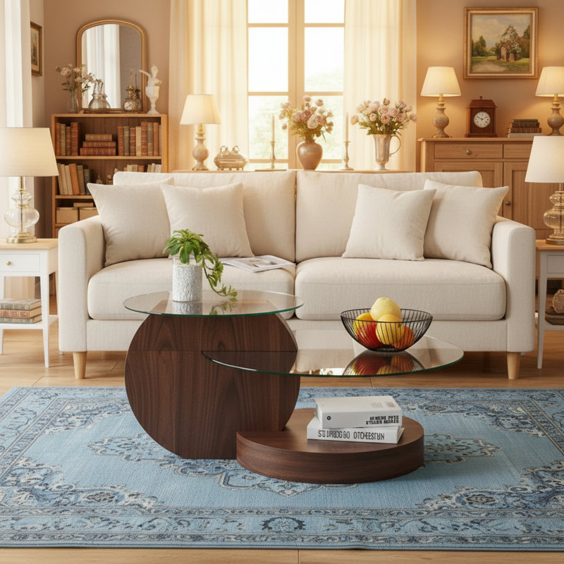 Luxurious 35.4" Glass Top Round Nesting Coffee Table with 3-Tier Storage Shelves, Brown