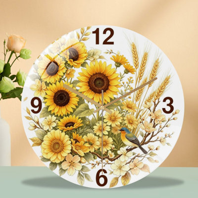 12-Inch Silent Tempered Glass Wall Clock, " Sunflowers Wheat ” Silent Non-Ticking Clock, Battery Operated (AA Batteries Not Included), Artistic Home Decor