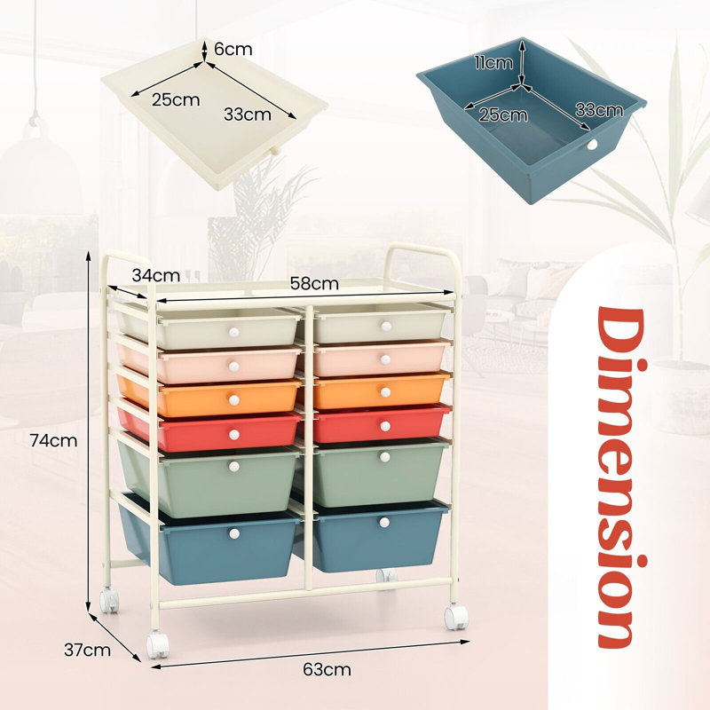 12 Drawer Storage Drawer, Pink/White/Red/Orange/Teal/Blue