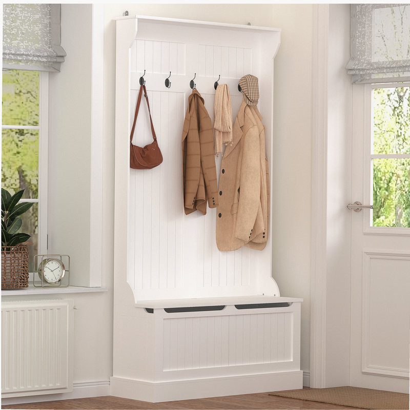 Banc d'entrée avec portemanteau, arbre d'entrée avec banc de rangement pour chaussures, rangement pour hall d'entrée avec 5 crochets, blanc