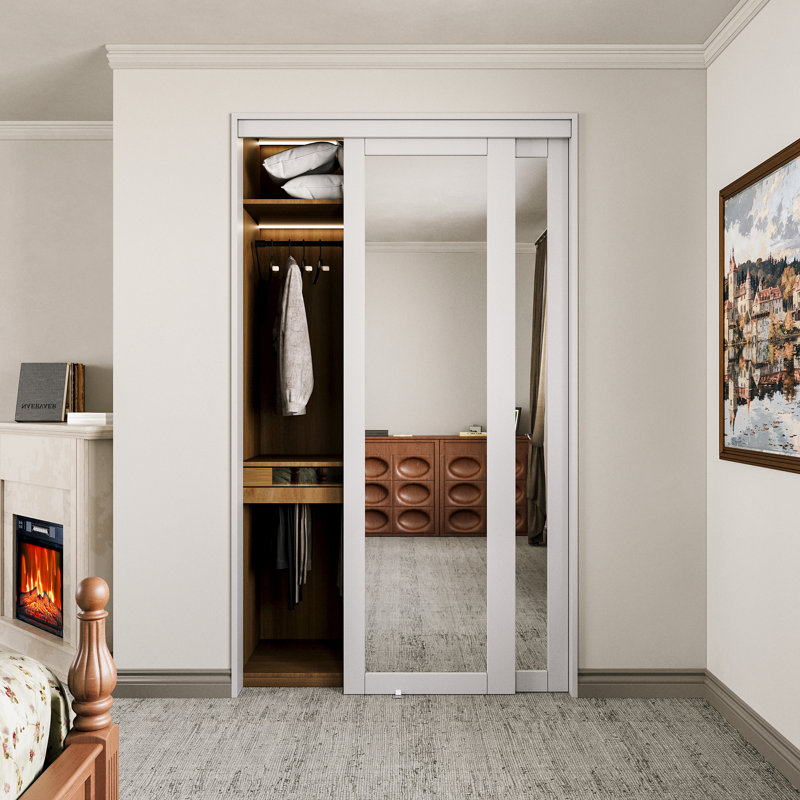 Portes coulissantes à miroir 48 "x 80" 1 Lite avec trousse de quincaillerie et poignées faciles à installer, 48 po x 80 po