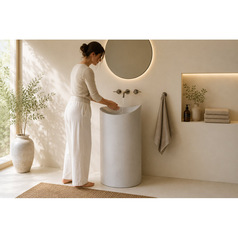 Vast Studio 33.9" Tall Bone One-Piece Freestanding Pedestal Bathroom Sink – Modern Curved Basin Bathroom Sink Design for Luxury Bathroom, Durable Handmade Matte Finish
