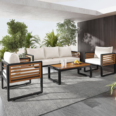 Large Size 4-Pieces Outdoor Furniture Sofa For 5 Person Conversation Set, Garden Sofa Set With Removable Cushion, Metal And Wood Frame Sofa Set, Thick by BOSTINS