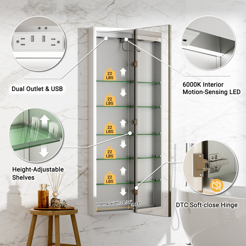 Svenn 16'' W Brushed Nickel Recessed Lighted Medicine Cabinet With 5 Adjustable Shelves, Beveled Design, Defogger, Outlets & Usbs