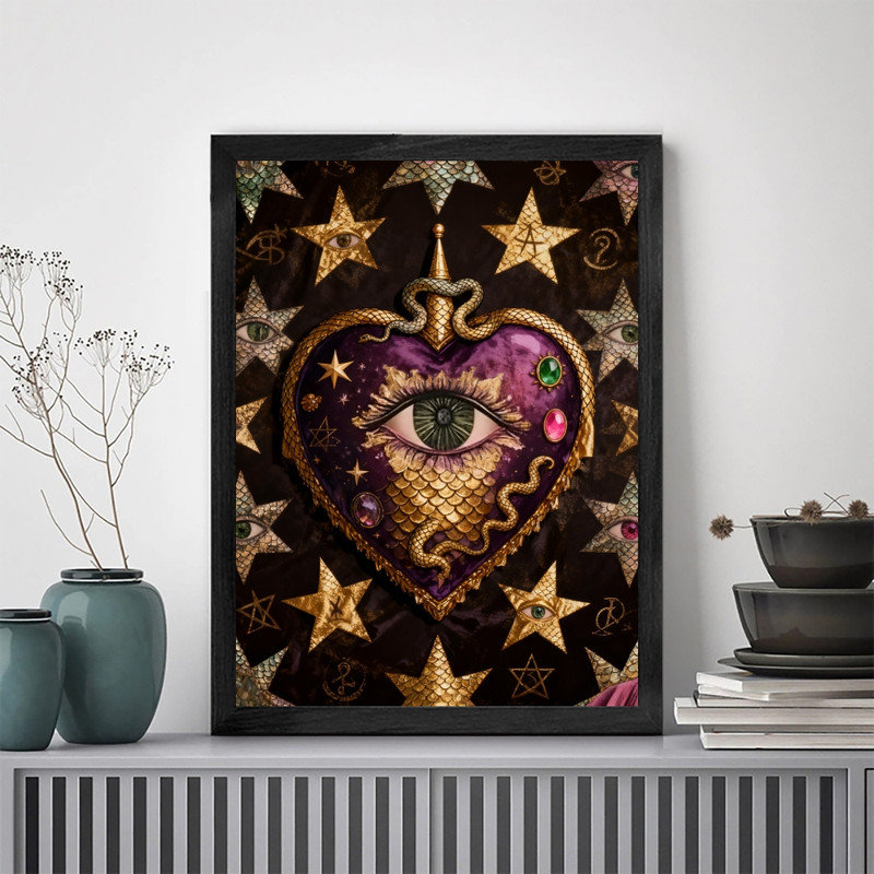 Art mural encadré noir "Mystical Heart & Eye" - décorations ornementales bohémiennes, H 11 po x l 9 po