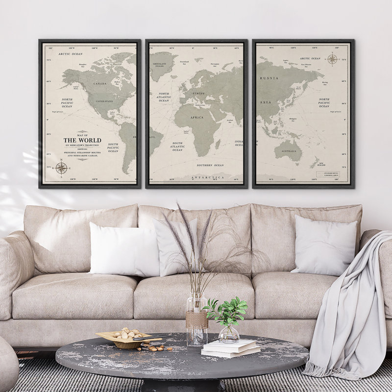 «Classic Classic World Map Triptych», reproduction d'art sur toile encadrée 3 pièces, 24" H x 16" W x 1.5" D, Black