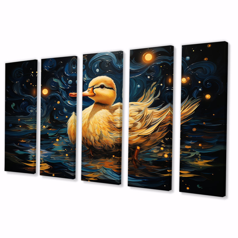 «Yellow Duck Starry Night Wonders» - art mural 5 pièces pour salon, H 28 po x l 60 po
