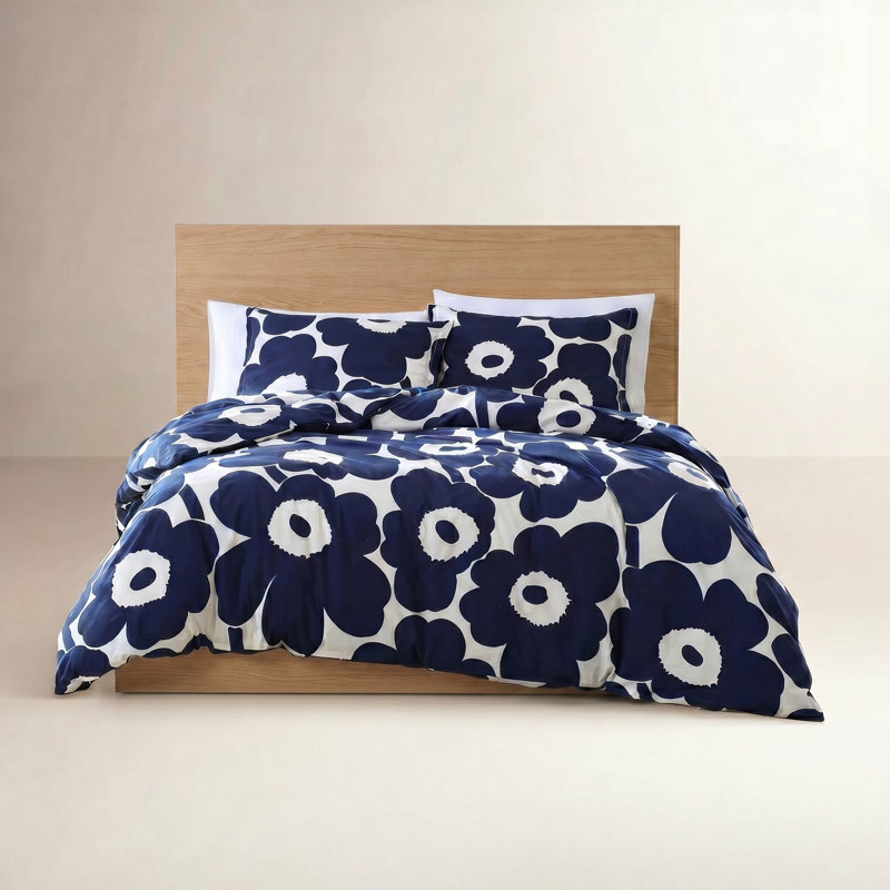 Marimekko Unikko Cotton Comforter Set, King Comforter + 2 King Shams, Indigo Blue/White