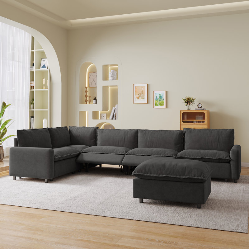 6-Piece Sectional Sofa Set With 3-Proof Fabric, Power Recliner, Heated Seat & Ottoman, Gray Linen