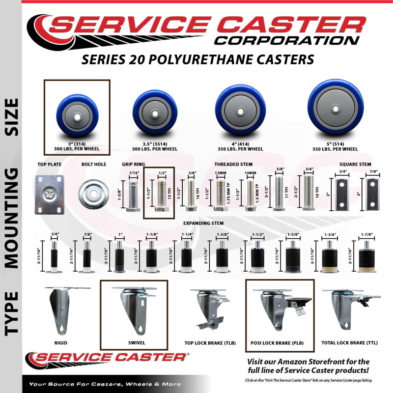 3 Inch_Polyurethane Wheel Swivel ½ Inch Threaded Stem Caster Set SCC, Bleu