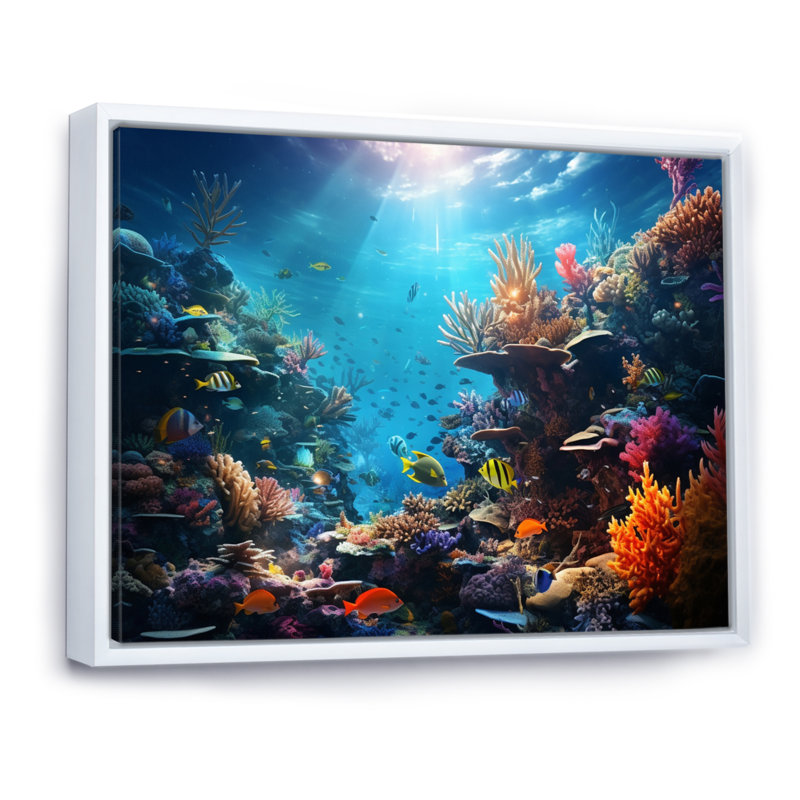 Corail, paysage marin I - reproductions d'art mural côtier, H 16 po x l 32 po x P 1 po, Cadre flottant blanc