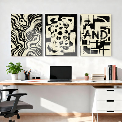 Abstrait noir et blanc sur toile tendue sur toile, ensemble de 3 reproductions de peintures à l'huile pour le salon, la chambre ou le bureau