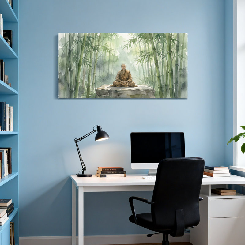 «Abstract Bamboo Forest Moine Meditation Peaceful Scene», reproduction d'art, H 16 po x l 32 po
