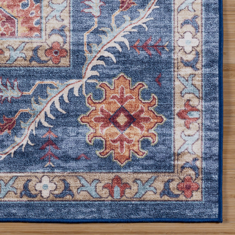 Samira Cullen Machine Washable Floral Border Navy Blue Multi Indoor Area Rug, Transitional Flat Pile for Living Room & Bedroom - Navy Blue, 8x10
