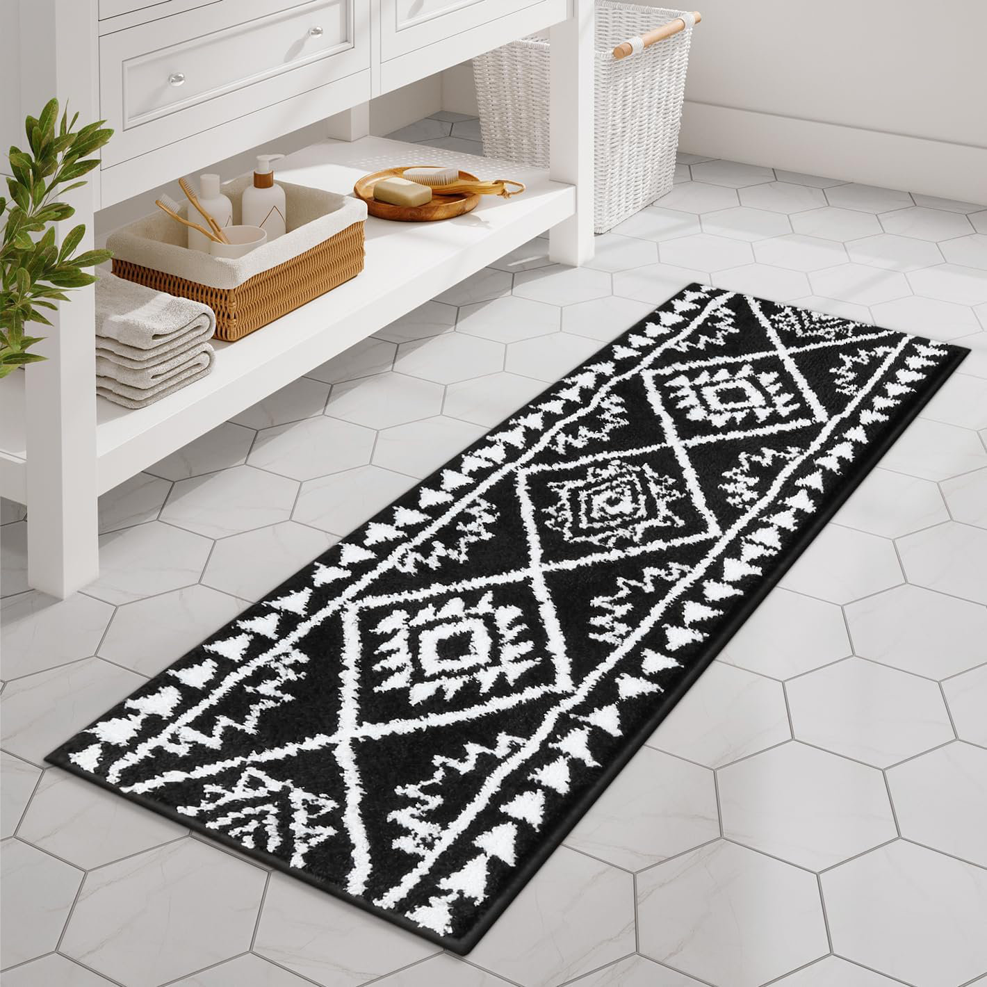 Bungalow Rose Boho Bathroom Runner Rug Black Tribal Long Bathroom Rug ...