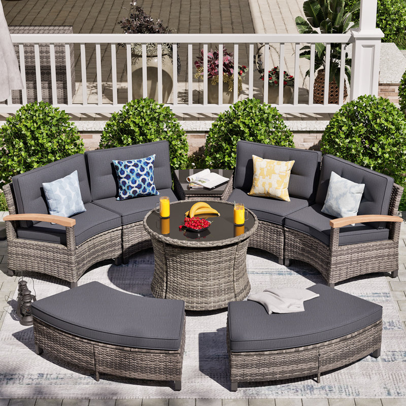 8 Piece Outdoor Patio Furniture Set, Half-moon Curved Sectional Sofa Rattan Conversation Set With Wood Armrests, 2 Half-moon Ottoman,round Table & Side Table