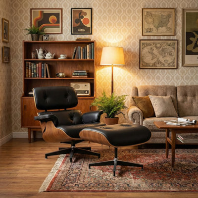 Top Grain Leather Swivel Accent Chair, Mid-century Wood Lounge Chair With Ottoman