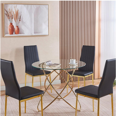 Ensemble de salle à manger 1 + 4,5 pièces, table de salle à manger à pieds en métal Mid-Century pour 4 à 6 personnes avec plateau en verre, table de salle à manger à piédestal, table basse de loisirs.