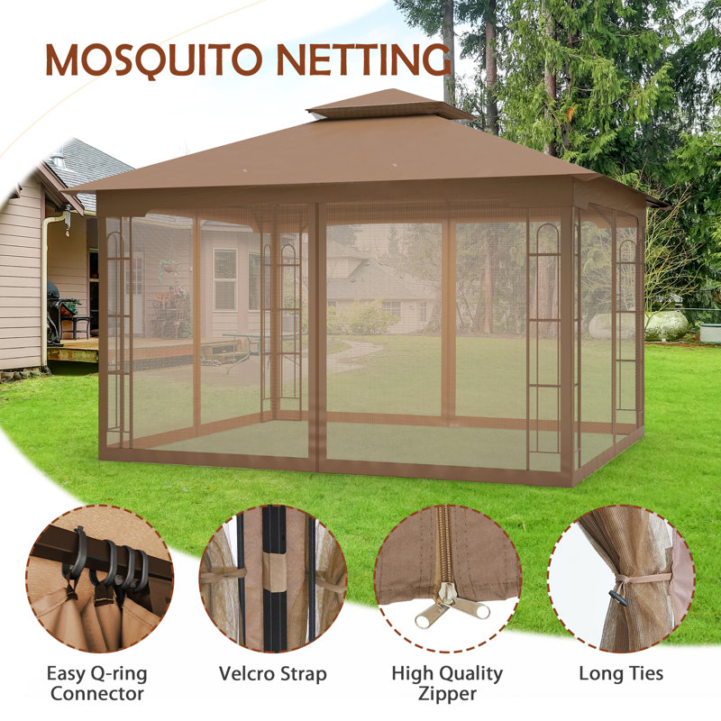 13 Ft. W x 11 Ft. D Steel Patio Gazebo with Netting, Brown