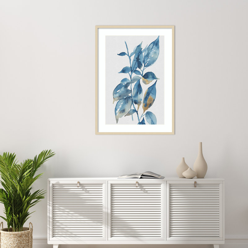 «Blue Golden Leaves II» par Andrea Haase, reproduction d'art encadrée sur bois, H 41 po x l 30 po