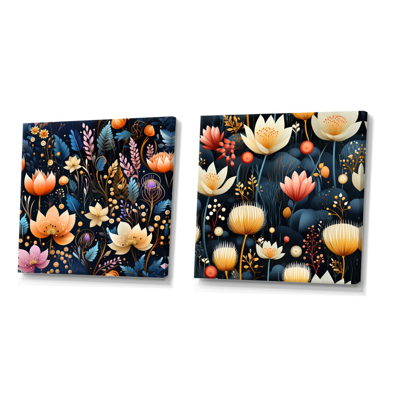 Eloan - Ensemble de 2 impressions murales florales, H 36 po x l 73 po x P 1,5 po, Toile tendue