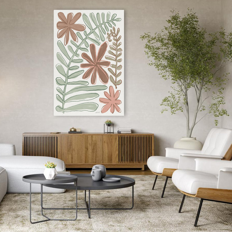 Fougère et lignes florales modernes brun crème moderne, H 48 po x l 32 po