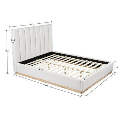 Lit plateforme tapissier grand capitonné, tête de lit à rayures verticales avec base en bois massif, cadre de lit moderne
