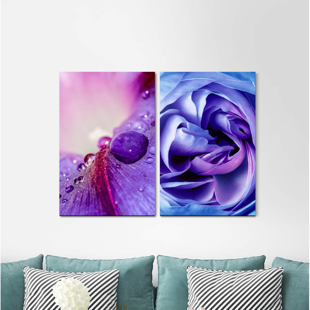 2-tlg. Leinwandbilder-Set - Grafikdruck „Water Drops Blossoms Rose Silk”