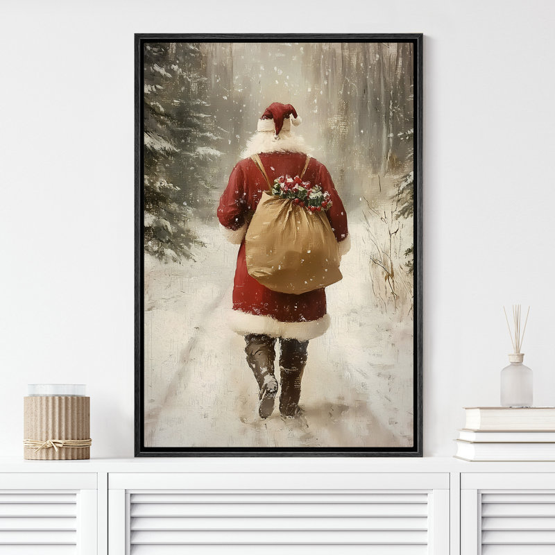 «Santa Claus Walking in Winter Road», impression sur toile, Cadre flottant noir, H 24 po x l 16 po