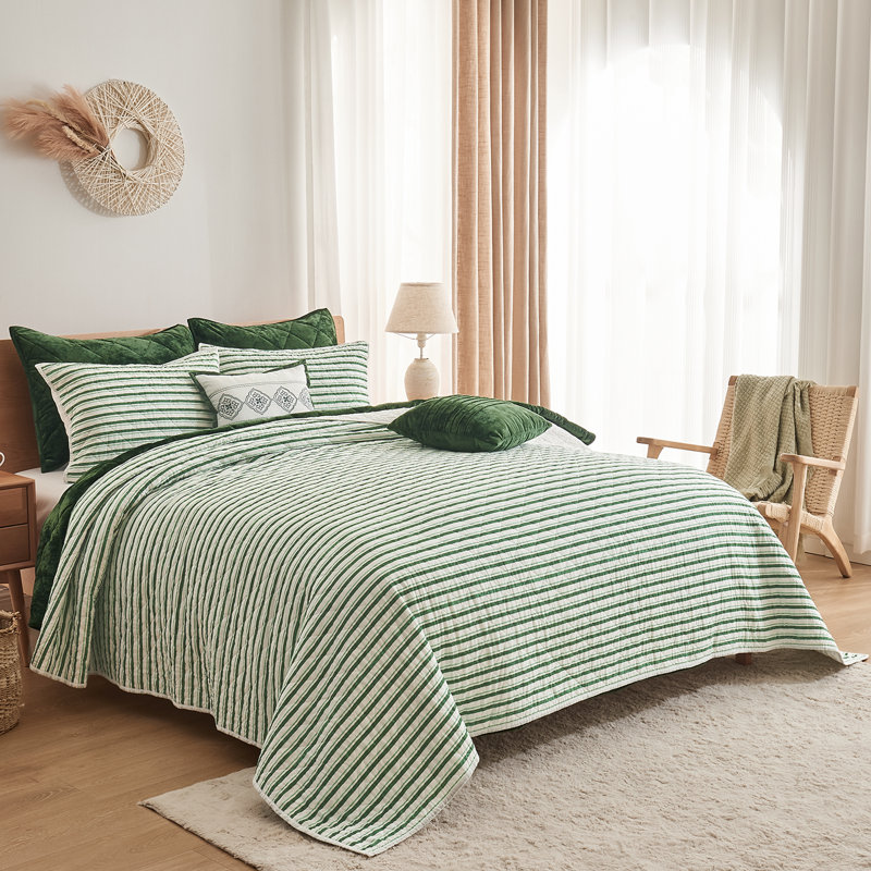 Green and White Striped Cotton Queen Reversible Quilt Set