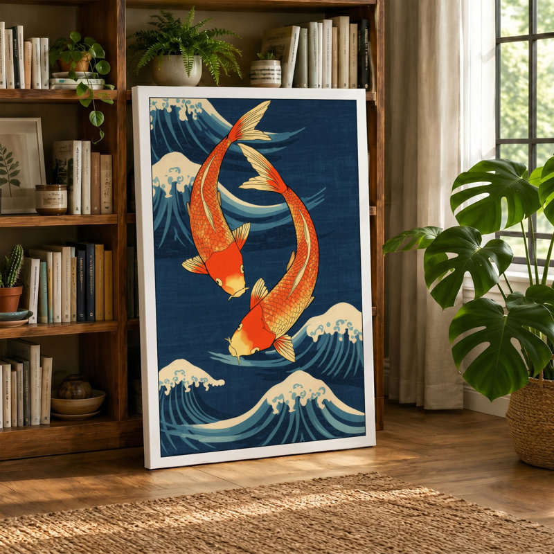 Dancing Koi Japandi - Wrapped Canvas, 36x24 - 91.4 x 61.0 cm, Ochre Border