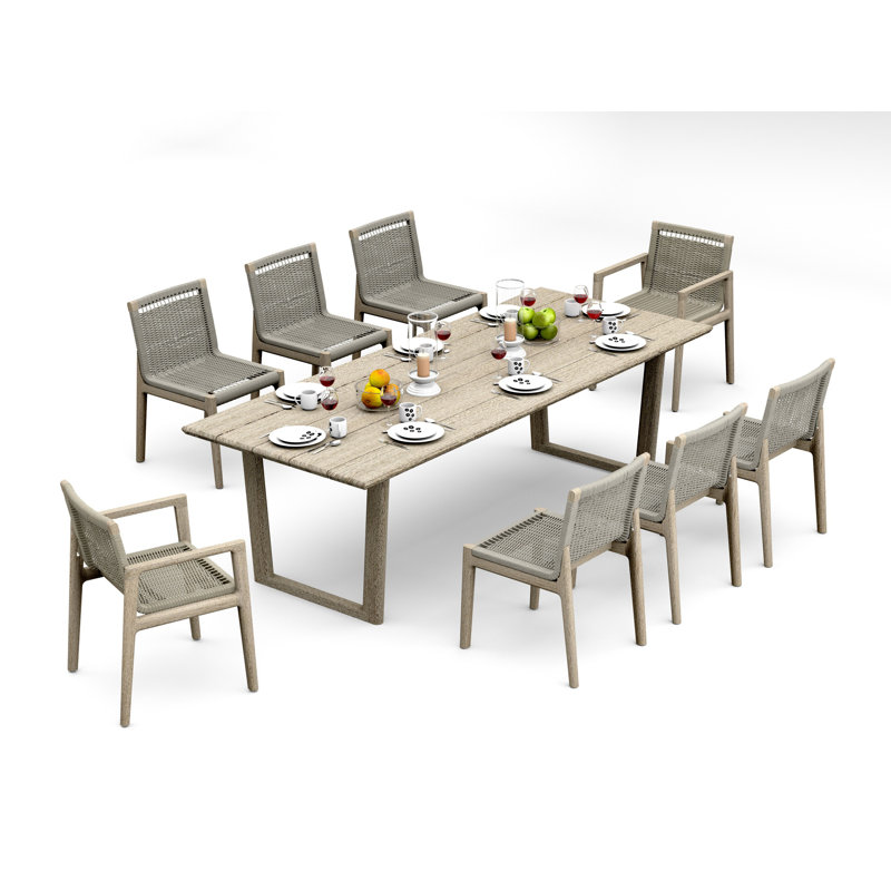 9 Pcs Grade-A Weathered Teak Wood Dining Set: 98" Sema Rectangle Table   Sema Chairs (2 Arm & 6 Armless Chairs) #11Se3302, 8