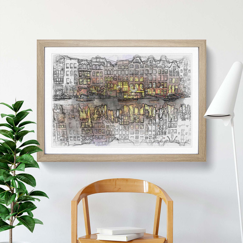 Amsterdam at Night in Abstract - Picture Frame Graphic Art Print, Oak Framed, 62cm H x 87cm W x 2cm D