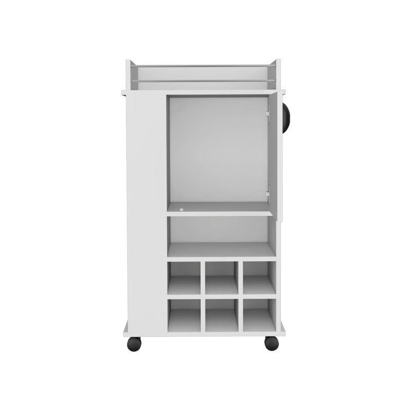 Bar Cart with 6 Built-in Wine Racks, Single-Door Cabinet, and 2 Open Shelves, White