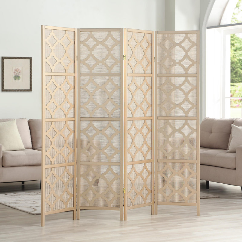 Gold Shoji-Inspired 4-Panel Folding Room Divider with Rice Paper Inlay