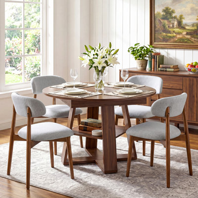 Ameeria Extendable Round Dining Room Set With 4 Upholstered Chairs, 5-Piece Kitchen Table And Chairs With Hidden Storage