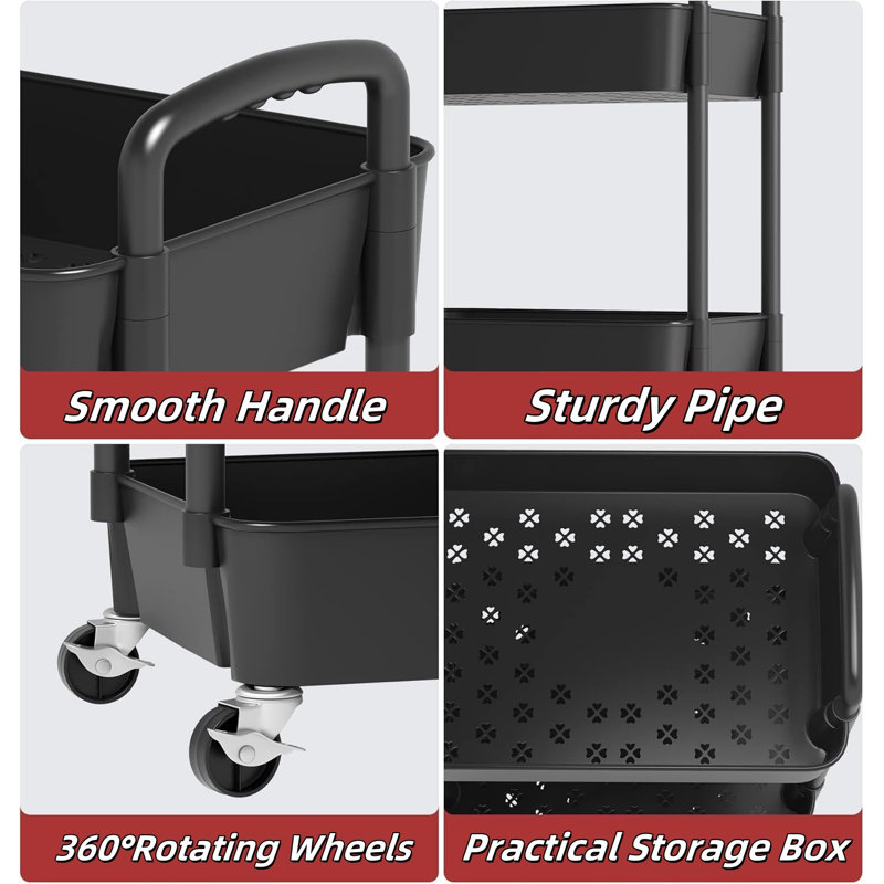 Plastic Rolling Utility Cart with, Black