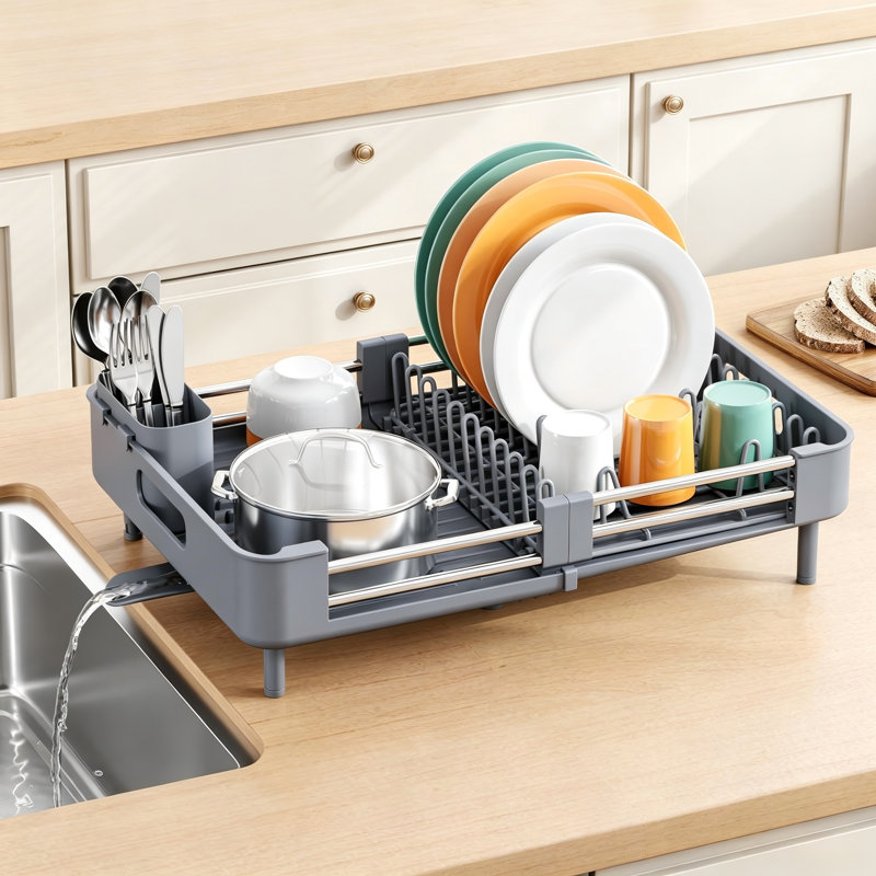 Expandable Dish Drying Rack with Cutlery & Cup Holder, Gray