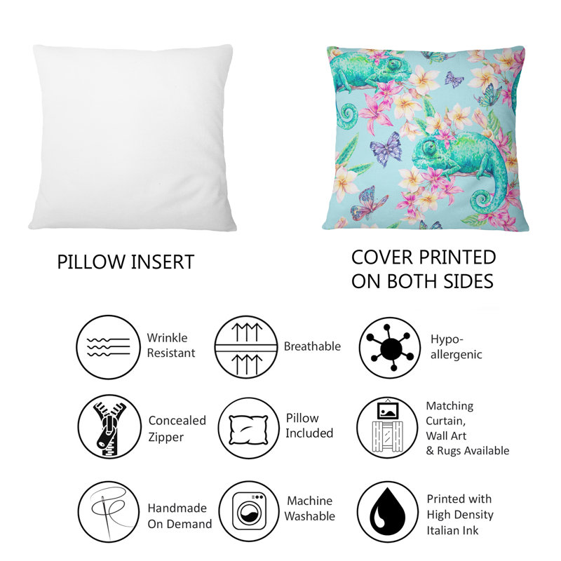 Coussin décoratif vert avec caméléon vert avec papillons et fleurs IV