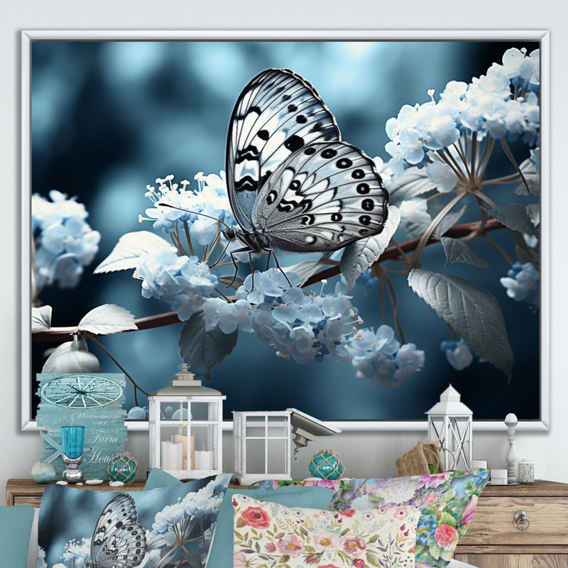 «Reg Blue Butterfly Haven II» sur toile, H 12 po x l 20 po x P 1 po, Cadre flottant blanc
