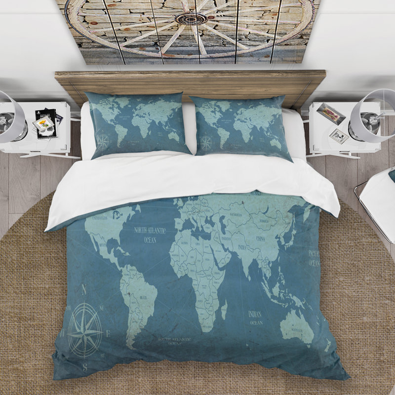 Slate World Map II - Ensemble de housse de couette traditionnel - Microfibre de polyester
