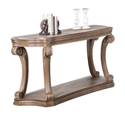 Solid Wood Table Of Transitional Style With Scroll Legs, Open Bottom Shelf, And Dentil Moldings, Weathered Oak, 54 Inches In Width, 20 Depth, 30 Height For Living Room Decorative Design Long Deep