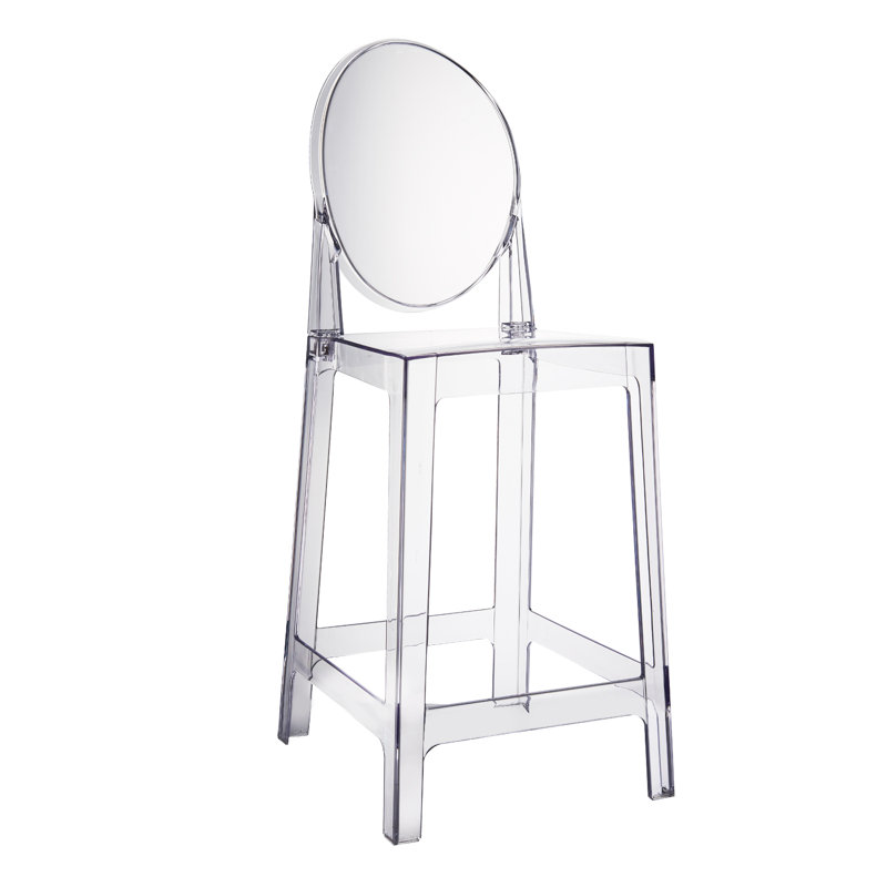 Modern Contemporary Minimalist 25" Counter Height Transparent Plastic Polycarbonate Crystal With Oval Back and Footrest For Kitchen Islands, Dining, Wedding Chairs or Hotel Use , Clear