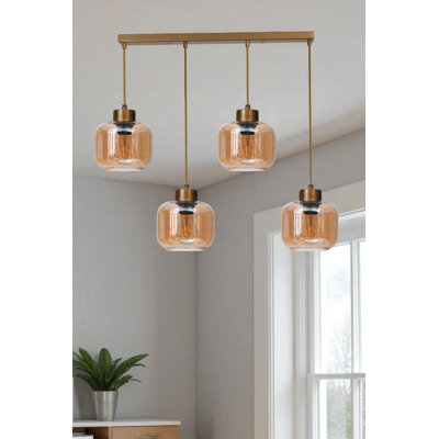 Elegant Metal Chandelier with Glass Cap, Honey & Gold Finish, 25.6 x 2.4 x 1.2 inches | Adjustable Height, 4 x E27 Socket (Max 40 W) | for Living Room & Dining Room Décor, Stylish and Functional Lighting