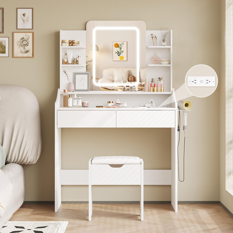 Vanity Desk With Led Mirror & Power Outlet
