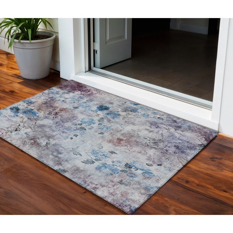 HomeRoots 3' X 5' Navy Blue And Sky Blue Floral Washable Indoor Outdoor Area Rug