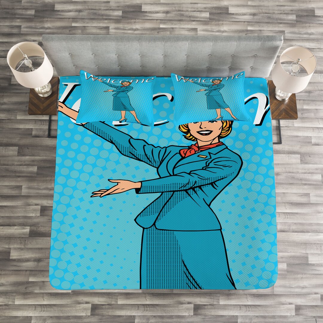 Gestepptes Bettdecken-Set, Pop-Art Retro Stewardess, Herzlich willkommen, Blau und Mehrfarbig